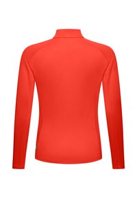 Rotes Sportshirt mit langen Ärmeln und hohem Kragen. Glatte Textur und taillierte Passform. Mit Raglanärmeln und einem kleinen Seitenlogo.
