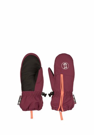 Pair of maroon children's mittens with black palm grip, elastic wrist, pink zipper on back, and small brand tags attached.