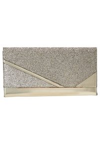 Obdélníkové psaníčko se zlatým třpytivým klopou a metalicky zlatým dnem, s diagonálním koženým detailem.