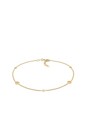 Zartes goldenes Kettenarmband mit kleinen flachen runden Scheiben, gleichmäßig verteilt, und einem Karabinerverschluss mit verstellbaren Gliedern.