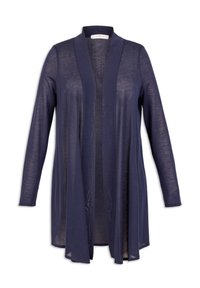 Marinblå lätt cardigan med långa ärmar och öppen frontdesign. Tillverkad av ett genomskinligt, texturerat tyg för en flödande passform.