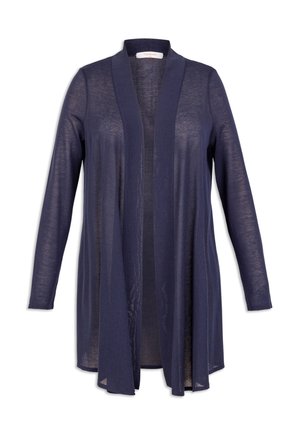 Gilet léger bleu marine à manches longues et à design ouvert à l'avant. Fabriqué en tissu transparent et texturé pour une coupe fluide.