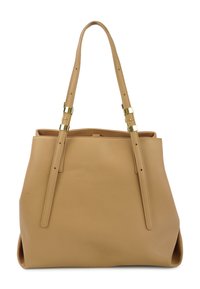 Torebka tote w kolorze brązowym z dwóch regulowanych pasków, płaskim dnem i złotymi akcentami. Gładka tekstura i minimalistyczny design.