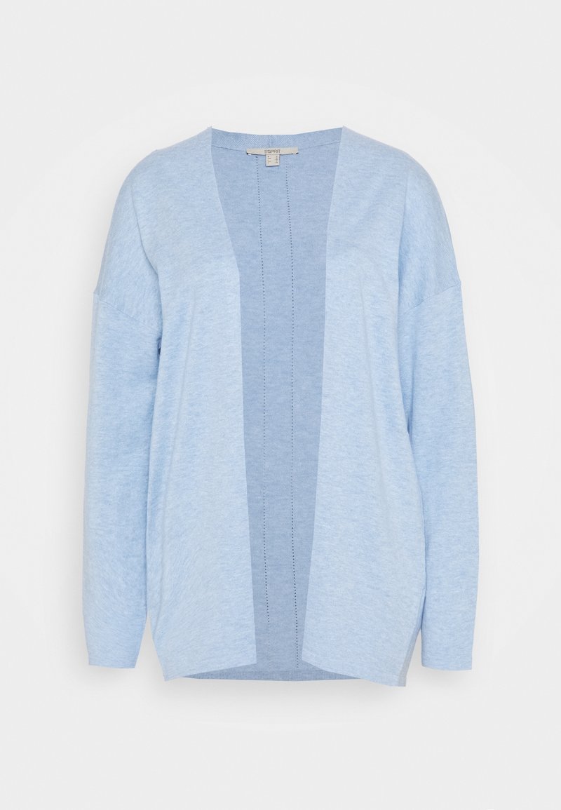 Cardigan bleu clair à manches longues avec ouverture sur le devant, épaules tombantes et détails de couture subtils le long des panneaux avant.
