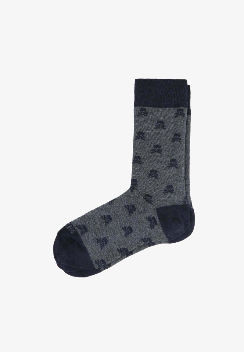 Chaussettes grises avec un revers et un orteil bleu marine, ornées d'un motif de skull répété en bleu foncé. Fabriquées en matériau tricoté texturé.