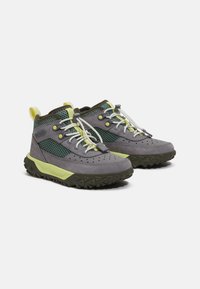 Scarpe da trekking grigie e verdi con pannelli in rete, suole in gomma, dettagli perforati e accenti gialli. Presentano un design a caviglia bassa e chiusura con lacci.