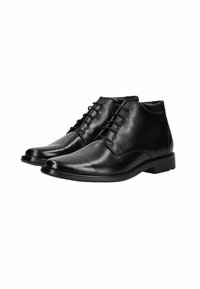 Botas de cuero negras hasta el tobillo con un acabado suave, punta redonda y seis ojales para los cordones. Suela resistente con un tacón bajo y un sutil detalle de costura.