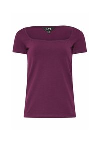 T-paita lyhyillä hihoilla, tiukka malli tumman violetin sävyssä, jossa on neliömäinen kaula-aukko ja pehmeä kangas tasaisella pinnalla.