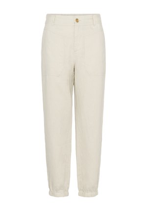 Housut pellavaa vaaleassa valkoisessa sävyssä rennolla leikkauksella. Varustettu napilla suljettavalla vyötäröllä, kahdella etutaskulla ja mukavilla elastisilla hihoilla.