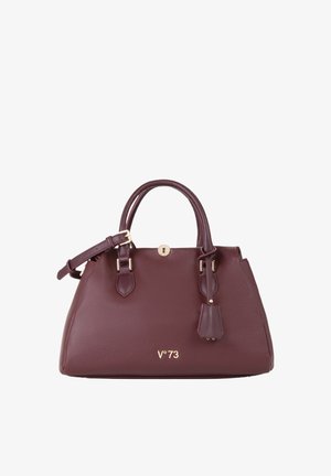 Sac à main en cuir bordeaux foncé avec doubles poignées, sangle à boucle dorée, détail trou de serrure et logo "V°73" sur le devant.