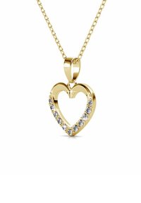 Goldener Herzanhänger mit klaren Steinen am Rand; hat eine hohle Mitte und eine feine Kette.