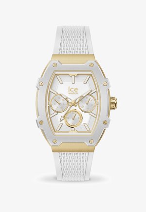 Orologio Ice in tonalità oro e argento con un cinturino in silicone bianco texturizzato, quadrante ottagonale, tre sottodial e sfondo bianco con accenti dorati.