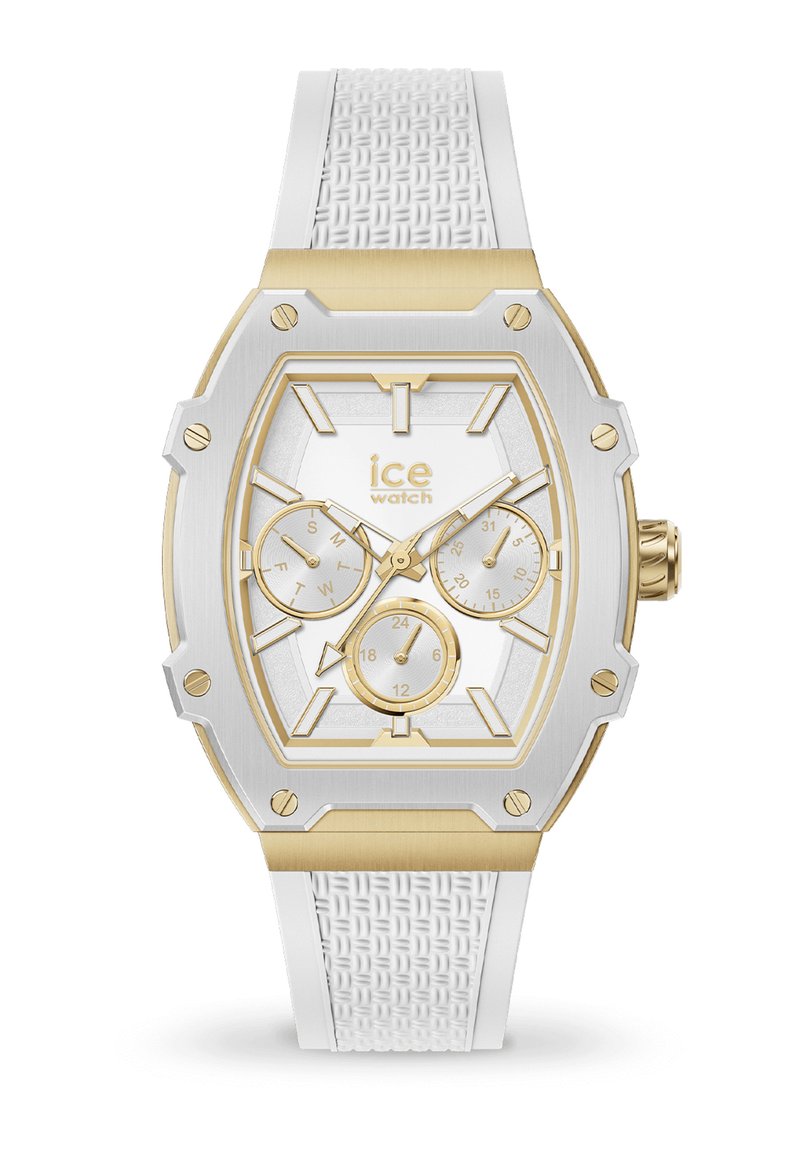 Reloj de hielo en tonos dorado y plateado con una correa de silicona blanca texturizada, esfera octagonal, tres subesferas y un fondo blanco con acentos dorados.
