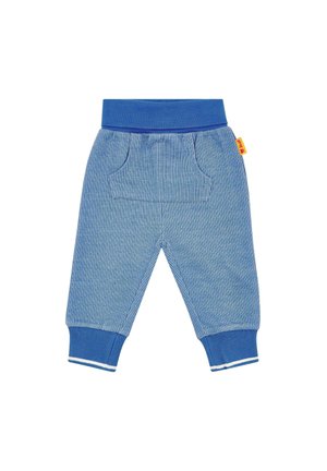 Blaue gestreifte Babyhosen mit elastischem Bund und Beinabschlüssen, vordere Kängurutasche und ein kleines gelbes Stoffetikett an der Seite.