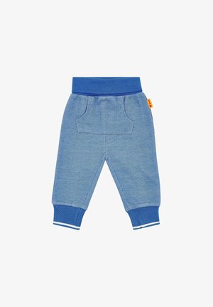 Modré pruhované dětské kalhoty s elastickým pasem a manžetami, přední klokankovou kapsou a malou žlutou textilní štítkem na boku.