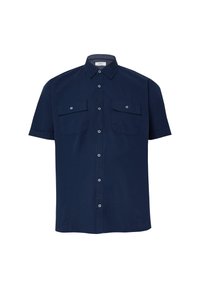 Marinelange korte mouwen overhemd van gladde stof, met een knoopsluiting kraag, twee borstzakken en blauwe knoopaccenten.