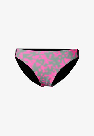 Gray and black bikini bottom with bright pink abstract pattern on the front panel, set against a white background.
