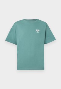 Turquoise cotton t-shirt with a crew neck and short sleeves. Features a small white graphic of crossed paddle rackets on the left chest.