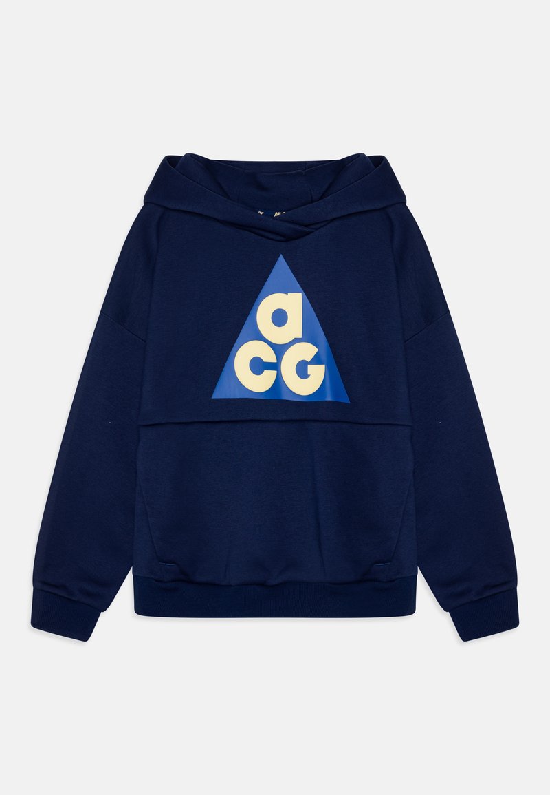 Sweatshirt com capucho em azul marinho, com um design gráfico triangular apresentando "ACG" em creme. Textura suave, punhos elásticos e bainha.