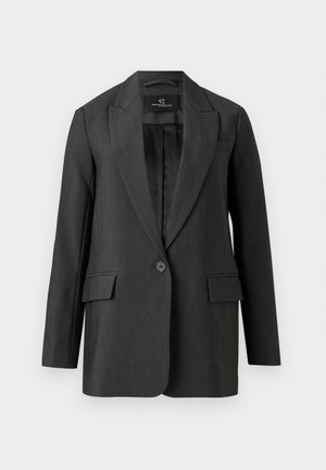 Dark gray blazer with tailored fit, single button closure, notch lapels, two front pockets, and a smooth texture. Lined interior.