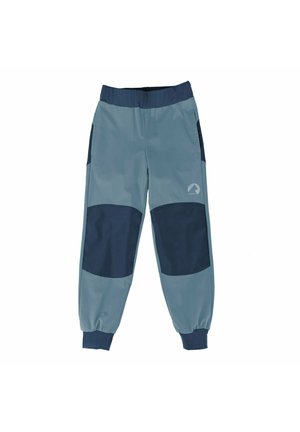 Pantalon bleu-gris avec ceinture élastique, genouillères bleu marine foncé, poches latérales et poignets élastiques.