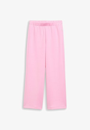Jasnoróżowe, luźne spodnie z elastycznym pasem i szerokimi, prostymi nogawkami, pokazane na płasko na białym tle.