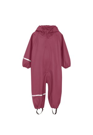 Traje de lluvia impermeable todo en uno para niño en color granate, con capucha, puños elásticos, bandas reflectantes en las mangas y las piernas, y correas para los pies.