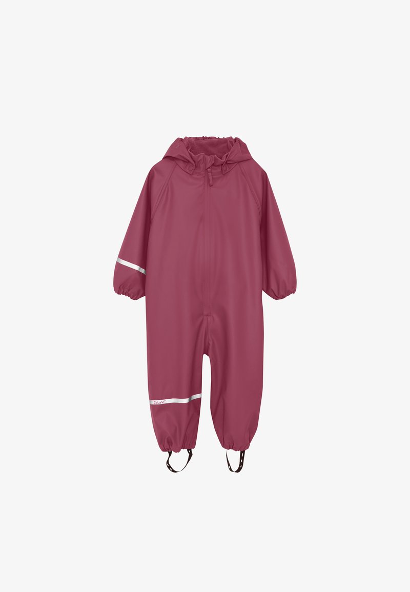 Tuta impermeabile bordeaux per bambino/a, modello unico, con cappuccio, polsini elastici, bande riflettenti su maniche e gambe, e cinturini per i piedi.