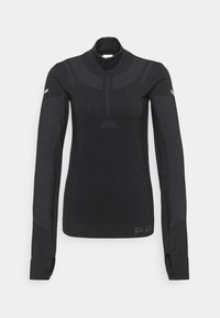 Black long-sleeve top with a high collar. Features textured patterns on shoulders and arms. Made from a soft, stretchy material.