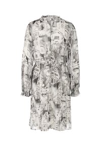 Durchsichtiges Kleid mit monochromem architektonischem Druck, ausgestattet mit einem hohen Kragen, einem elastischen Taillenzug und Rüschensäumen. Leichtes, fließendes Material.