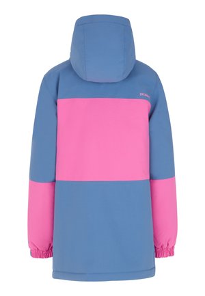 Farbblockierte Jacke mit einem blauen oberen Teil und einem pinken unteren Teil, mit einer Kapuze und elastischen Bündchen für einen sicheren Sitz.