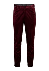 Pantaloni in velluto bordeaux con una vestibilità slim, dotati di due tasche frontali e due chiusure con bottoni. Texture liscia e design su misura.