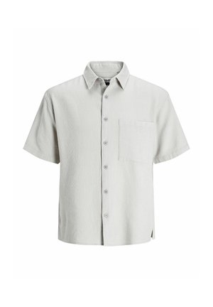Short-sleeve button-up shirt in light gray textured fabric, featuring a collar, seven buttons, and a single chest pocket.