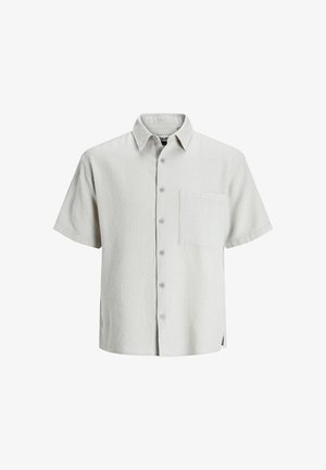 Lyhythihainen nappipaita vaaleanharmaasta strukturoidusta kankaasta, jossa on kaulus, seitsemän nappia ja yksi rintatasku.