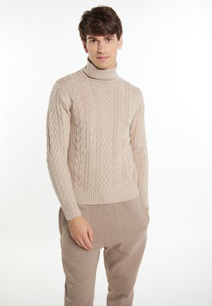 Beige színű fonott turtleneck pulóver ribbelt mandzsettákkal és hem, texturált mintákkal és testhez simuló sziluettel.