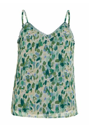 Topy bez rękawów z dekoltem w kształcie litery V, z abstrakcyjnym kwiatowym wzorem w zieleni, niebieskim i beżu oraz delikatną koronkową lamówką przy dekolcie i ramiączkach.