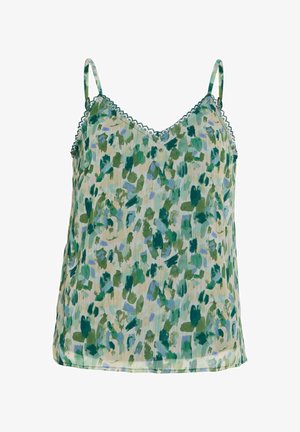 Tielko bez rukávov s výstrihom do V s abstraktnou kvetinovou potlačou v zelených, modrých a béžových odtieňoch a jemnou čipkovou ozdobou pozdĺž výstrihu a ramienok.