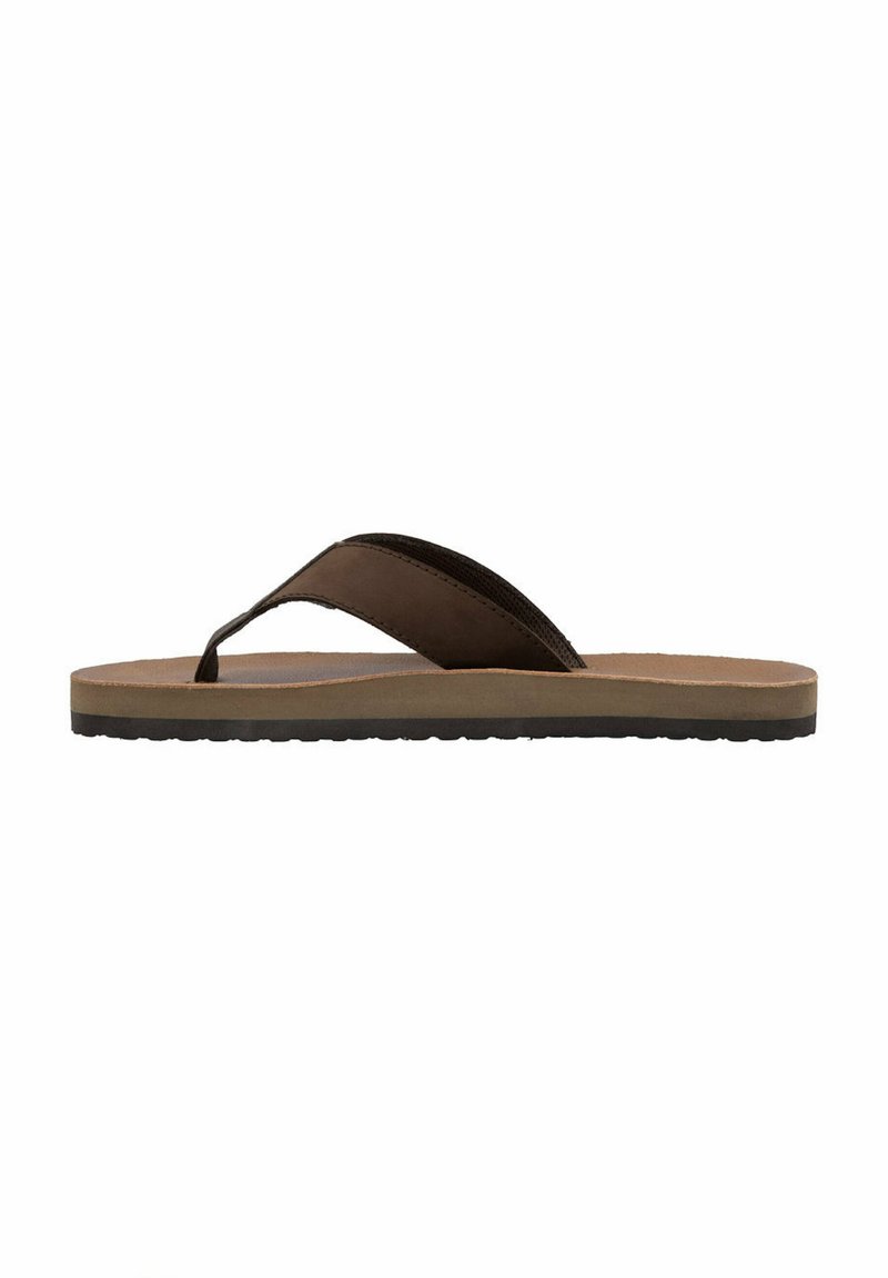 Brune flip-flop sandaler med en tykk, tekstureret gummisål og syntetiske stropper i to farver. Letvægts og afslappet design, ideelt til varmt vejr.