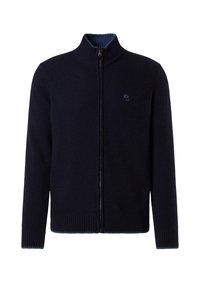 Maglione blu navy con zip realizzato in lana lavorata a maglia, caratterizzato da un colletto alto e polsini a coste, con un logo discreto sul petto e un interno collo a contrasto.