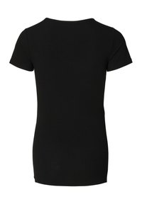 Sort ribbet t-shirt med korte ærmer, rund udskæring og en tætsiddende silhuet. Teksturen er glat med let stræk.