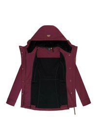 Bordeaux vesikeeppuv jakku, jossa on huppu, musta sisustus, vetoketju- ja napisulku sekä useita taskuja sisäpuolella.