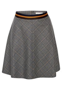 Jupe trapèze à carreaux gris avec ceinture rayée bleu marine, marron et orange, en tissu tissé, longueur genou.