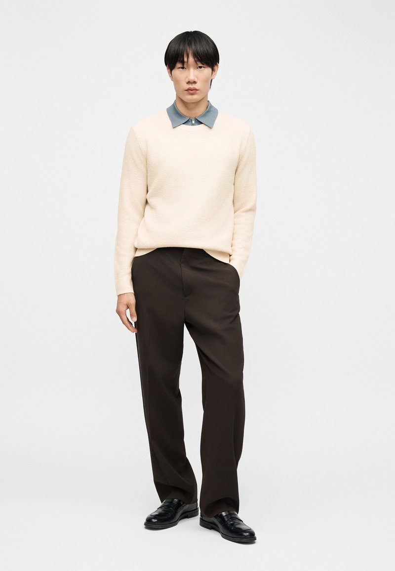 Young man standing, wearing a cream sweater over a gray collared shirt, dark loose pants, and black dress shoes, against a plain white background.