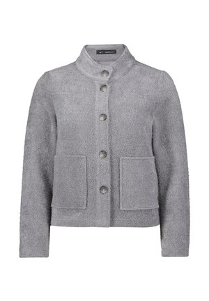 Grijze gestructureerde button-up jas met hoge kraag en twee grote voorzakken, cropped lengte.