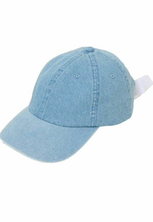 Light blue denim baseball cap with curved brim and adjustable strap at the back.