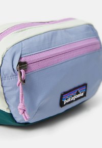 Pochette Patagonia de couleur violet clair et bleu avec une fermeture éclair et une languette de tirage violettes sur un fond blanc, montrant la poche avant et l'étiquette de la marque.
