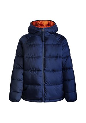 Marineblaue Steppjacke mit Kapuze, orangefarbigem Innenfutter, Reißverschluss, gestepptem Design und gerippten Bündchen für zusätzliche Wärme.
