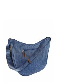 Borsa a tracolla in denim blu con tasca frontale con zip e tracolla regolabile con testo marchiato.