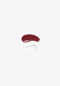 Deux échantillons de peinture lisses sur fond blanc, un bordeaux profond et un blanc translucide, disposés verticalement avec des formes courbées.