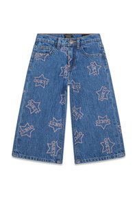 Szorty culottes z denimu w niebieskim odcieniu, ozdobione różowymi haftami w kształcie gwiazd. Klasyczny fason z pięcioma kieszeniami i zapięciem na guzik.